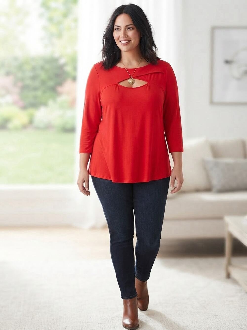 NWT Vince Camuto Tulip Red Cutout Neck 3/4 Sleeve Top Shirt Plus Size 1X